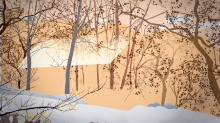 十一月树林雪中小屋背景素材