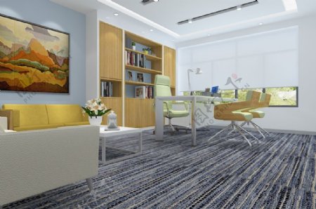 创意现代轻奢实木沙发办公室3d效果图