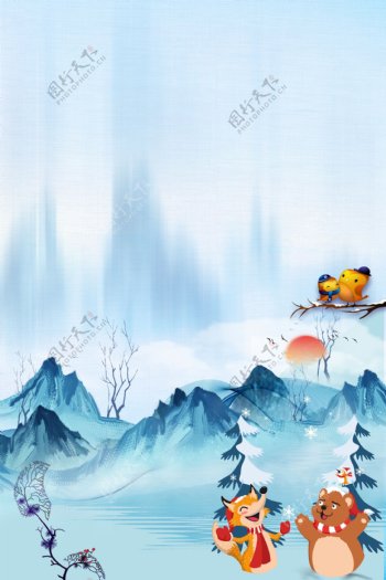 冬季清新雪地卡通广告背景图