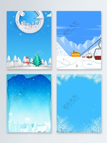 蓝色梦幻冬季雪景广告背景图