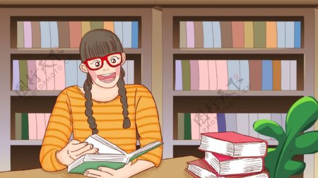 书房里开心阅读的卡通女孩背景