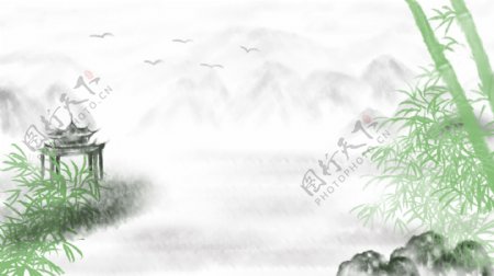 中国风凉亭绿色竹子山水背景