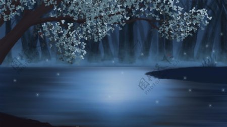 夜晚树木河水蓝色卡通背景