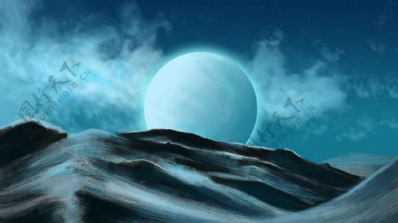 夜晚山顶上的白色月亮卡通背景