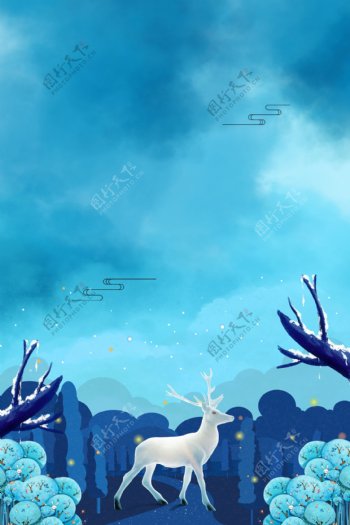 蓝色树林羚羊寒露节气背景素材