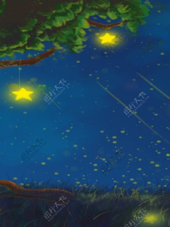 夜空下系在大树上的星星广告背景