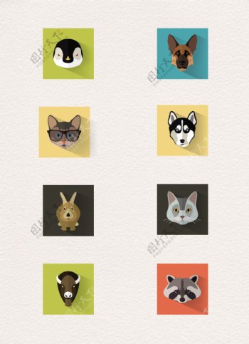 8组方形卡通动物头像矢量图
