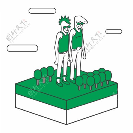 简约线条2.5D绿色人物建筑类插画图标
