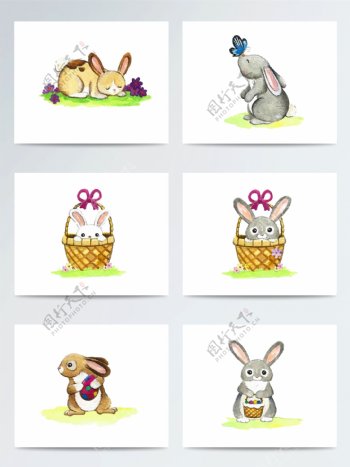 复活节兔子篮子可爱水彩手绘ai矢量元素