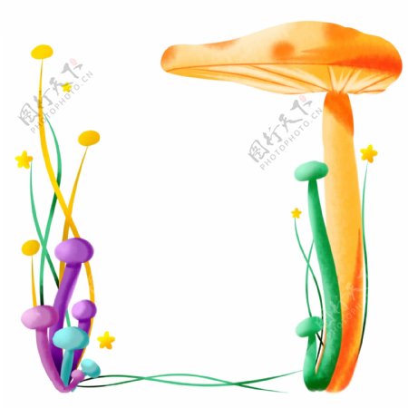 商用手绘插画植物边框蘑菇可爱小清新素材