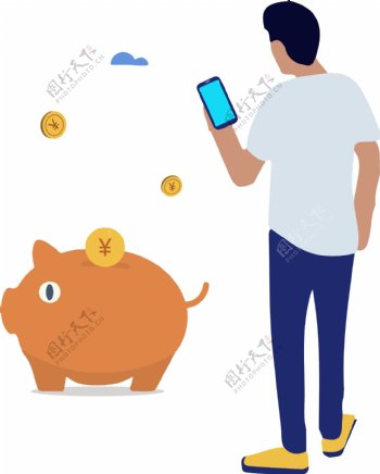 扁平风金币小猪存钱罐手机金融失量素材设计