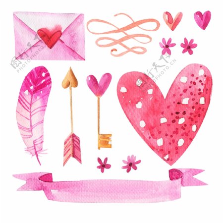 13款水彩绘粉色爱心元素矢量图