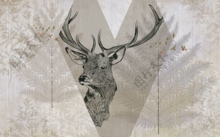 北欧复古美式麋鹿手绘麋鹿背景墙