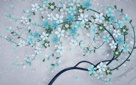 油画花卉珍珠蓝色背景墙