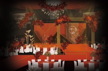 红色时尚婚礼舞台仪式区效果图