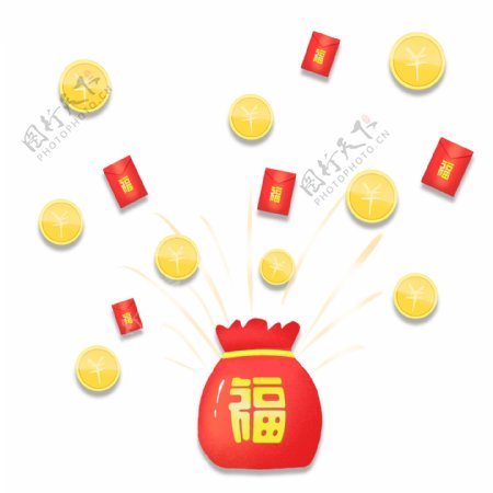 新年节日金色钱币金币福袋红包理财漂浮元素