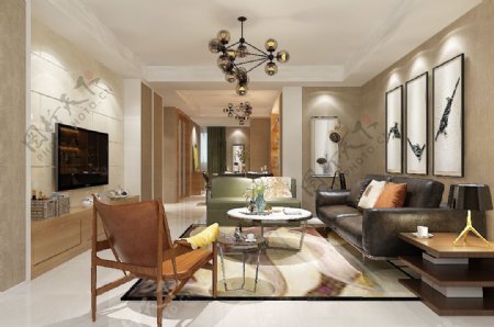 现代风格中式客厅空间效果图沙发吊灯