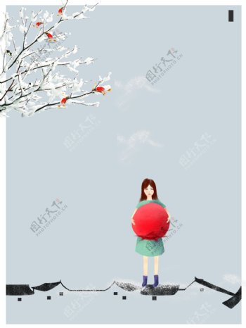 站在雪地上抱着红球的女孩冬至背景素材