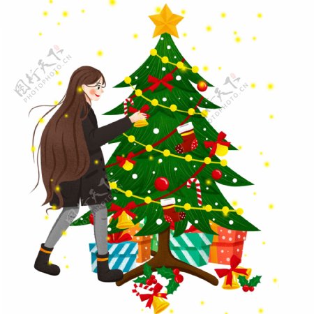 彩绘小清新装饰圣诞树的女孩