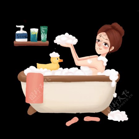 卡通手绘洗澡沐浴女孩人物浴缸小黄鸭泡泡