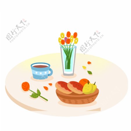 卡通桌子上的鲜花和食物设计可商用元素