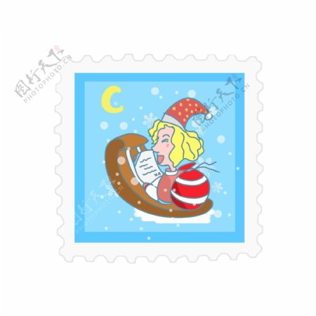 原创圣诞邮票贴纸蓝色可爱元素