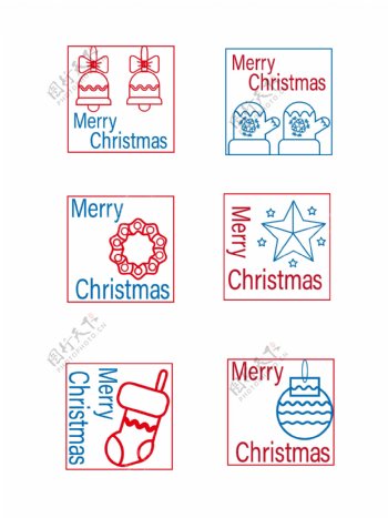 圣诞邮票邮戳小贴纸可爱线性红蓝矢量可商用