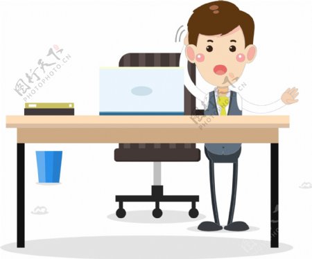 手绘卡通白领男士站在电脑桌旁边原创元素