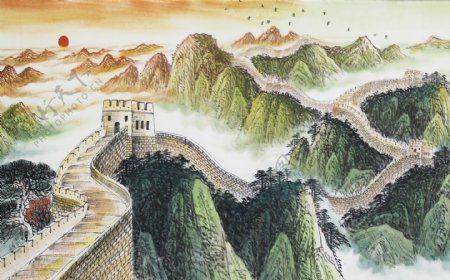 中式长城画玄关屏风背景底纹素材
