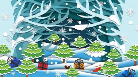 纸片风树林中的圣诞树背景素材