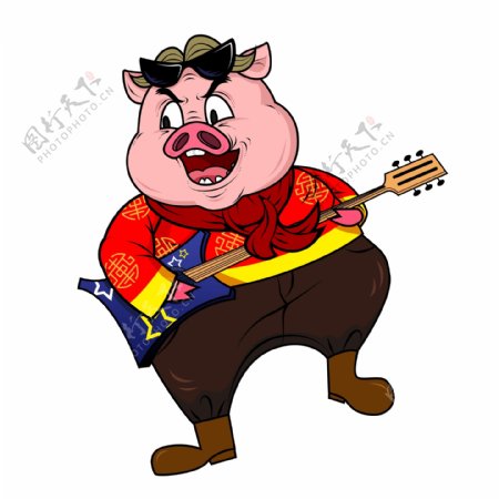 漫画风猪年弹电吉他的潮猪