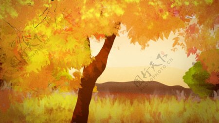 手绘秋天树林风景背景素材