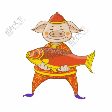 小福猪卡通可爱手抱金鱼猪猪手绘插画