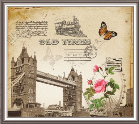 伦敦大桥花卉蝴蝶无框画