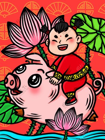 潮漫卡通春节猪年福娃插画