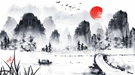 原创唯美古风中国风水彩画水墨画风景插画