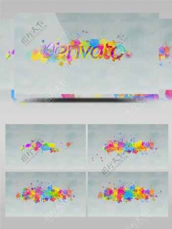 斑斓的油漆颜料中彩色蝴蝶飞出logo揭示ae模板