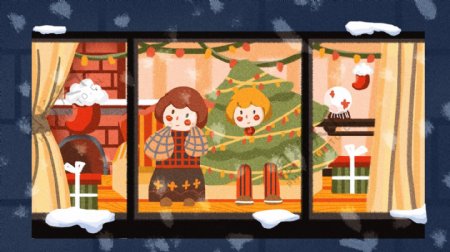 圣诞节双胞胎女孩室内看雪景圣诞袜壁炉礼物