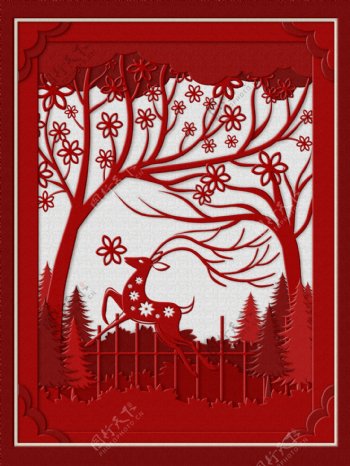 原创红色剪纸风鹿与森林插画