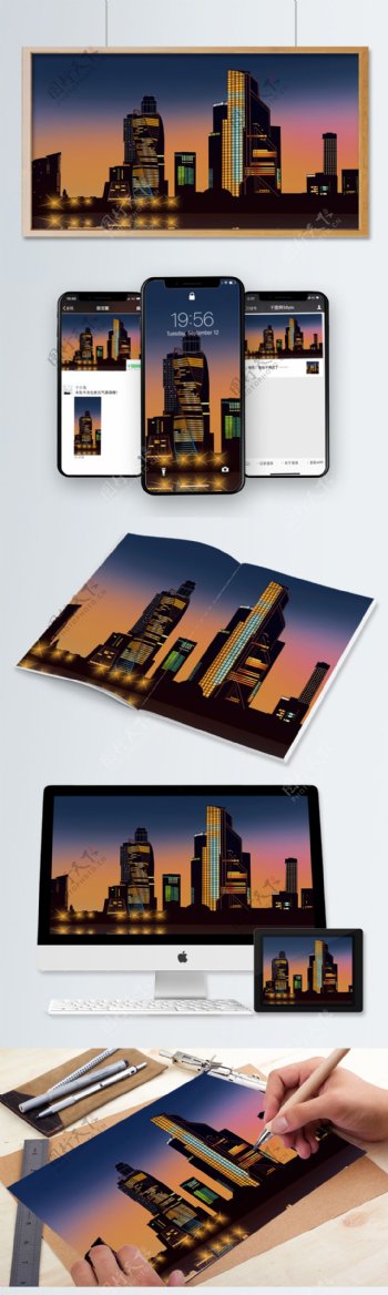 创意微立体纸片风霓虹璀璨夜景城市高楼大厦场景插画