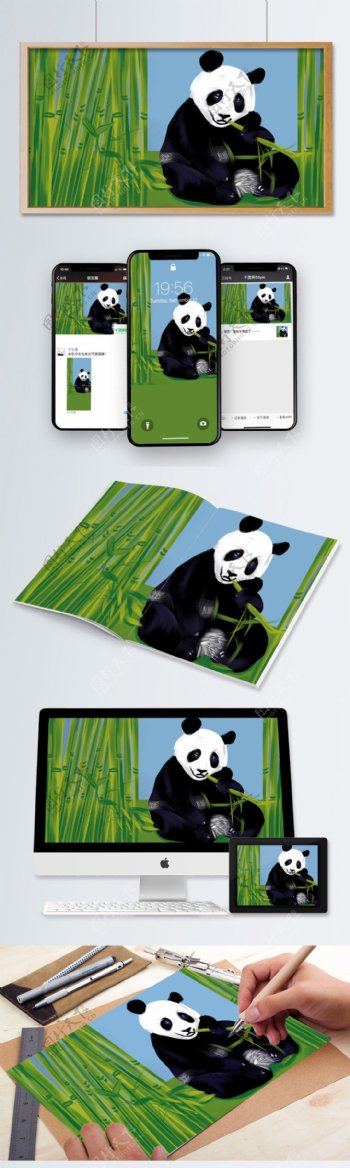 四川成都熊猫吃竹子插画