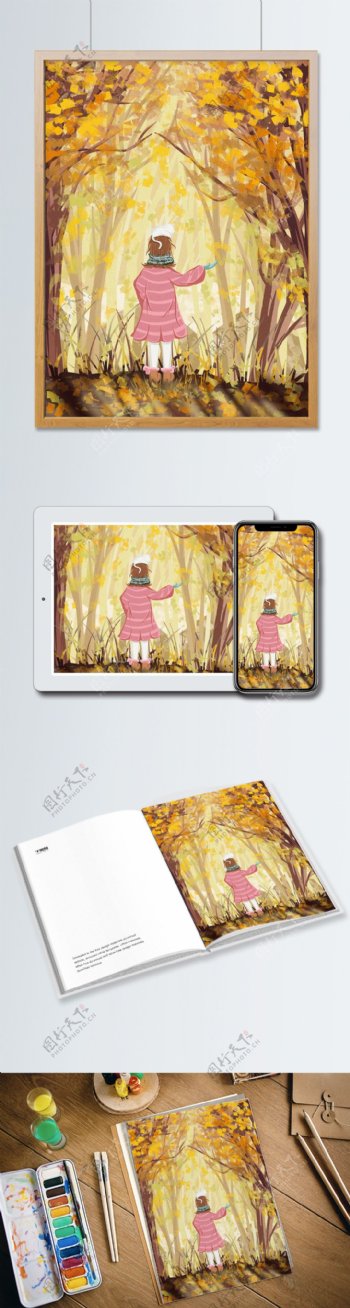 冬日行走在树林中的少女治愈插画