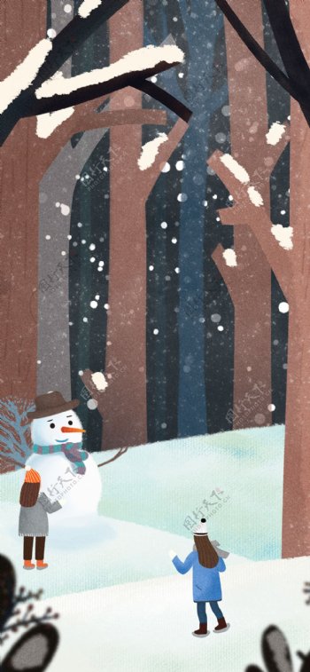 治愈系冬天堆雪人打雪仗插画