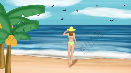 夏日大暑海滩风光比基尼女孩原创插画