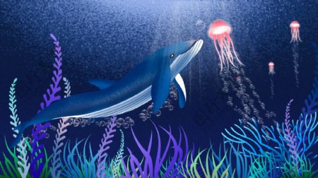 治愈系深海遇鲸插画