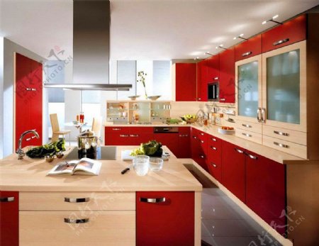 现代别墅厨房红色橱柜装修设计效果图