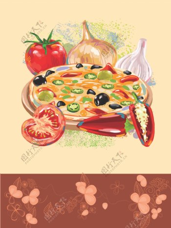 披萨美食花纹米黄菜单矢量手绘背景