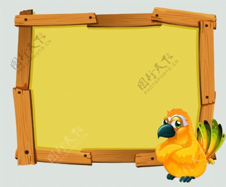 矢量黄色卡通创意木板边框鹦鹉背景素材