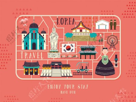 粉色韩国旅行地标美食手绘地图矢量素材
