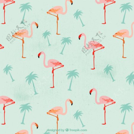 粉色火烈鸟和椰子树无缝背景矢量